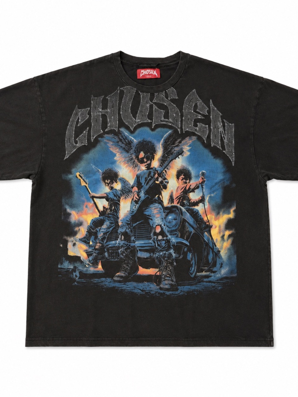Chosen by Tuchuzy Black Tee with Blue and Orange Rock Graphic